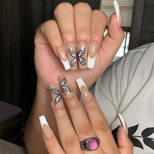 White French Butterfly Press On Nail , Nail Stickers Nail Shaped Piece Wear Finished Nail Beauty